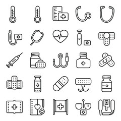 Set of  outline icons related to sickness, illness, disease. Linear icon collection. Editable stroke. Vector illustration