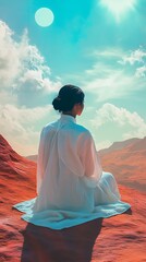 Woman meditating in a desert landscape. Concept of peace, serenity, and contemplation.