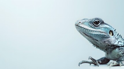 Obraz premium A Blue Lizard Gazes Upwards Against A Pale Background