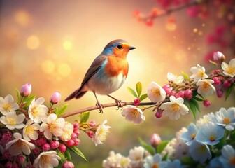 Vintage Spring Greeting Card - Bird & Flowers - Mother's Day, Birthday, Wedding