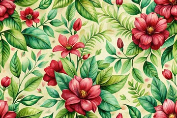 Vintage Watercolor Green Leaves Red Flowers  Pattern Spring Summer Greeting Card