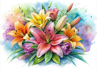 Fototapeta premium Vintage Watercolor Lily Bouquets - AI Photo