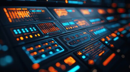 Operate room concept. Futuristic control panel interface with vibrant blue and orange elements.