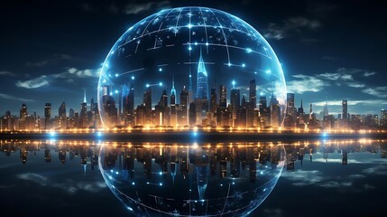 Obraz premium Night cityscape enveloped by a glowing digital globe, reflecting on calm water.