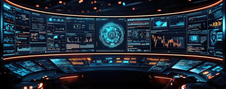 Operate room concept. Futuristic control room with digital screens displaying data and analytics.
