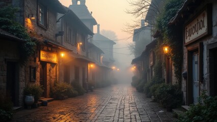 Fototapeta premium Mystical Cobblestone Lane: A Foggy Dawn in an Old European Village