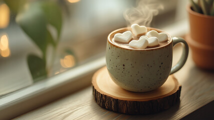 窓辺で楽しむハート型マシュマロ入りホットチョコレート