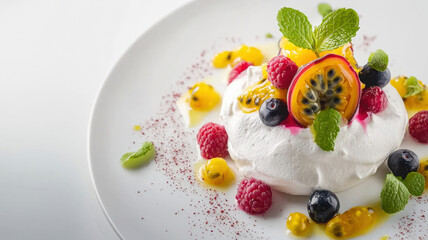 A delicate pavlova dessert topped with a vibrant mix of fresh berries, luscious passion fruit, and a hint of mint, creating a colorful and refreshing treat for dessert enthusiasts.