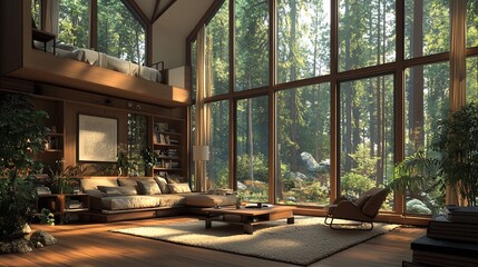 Fototapeta premium Sunlit modern living room with forest view.