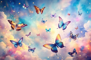 Watercolor Butterflies Double Exposure Sky Background