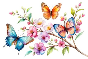 Fototapeta premium Watercolor Butterflies, Flowering Twig - Design Print Poster