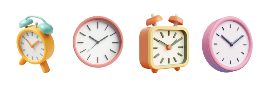 A 3D icon of a clock, simple style, with a transparent background