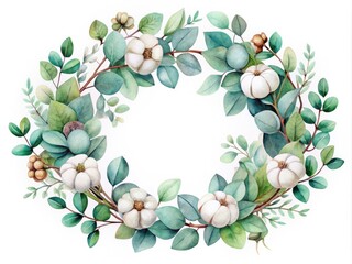 Watercolor Cotton Flower Wreath, Eucalyptus Garland, Wedding Invitation Design