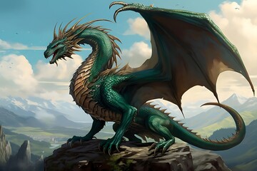Majestic green dragon perched atop a mountain peak, overlooking a vast landscape.