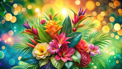 Watercolor Exotic Bouquet, Tropical Flowers, Bokeh, Palm Leaves, AI Art