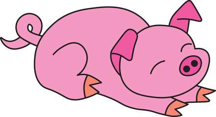 happy contented pink pig lies with his eyes closed