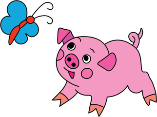 pink pig stands and looks at blue butterfly and wants to play with it