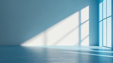 Fototapeta premium A minimalist room with a blue background, soft shadows, smooth reflective flooring, and long shadows cast by the light above. A serene and elegant atmosphere, emphasizing simple and clean design.