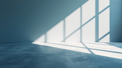Obraz premium A minimalist room with a blue background, soft shadows, smooth reflective flooring, and long shadows cast by the light above. A serene and elegant atmosphere, emphasizing simple and clean design.