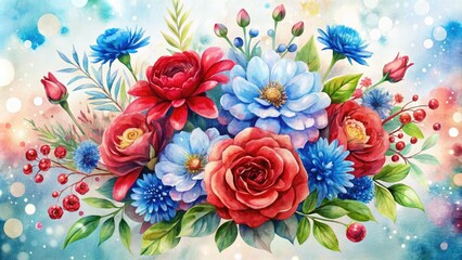 Watercolor Floral Bouquet - Red & Blue Bokeh Effect