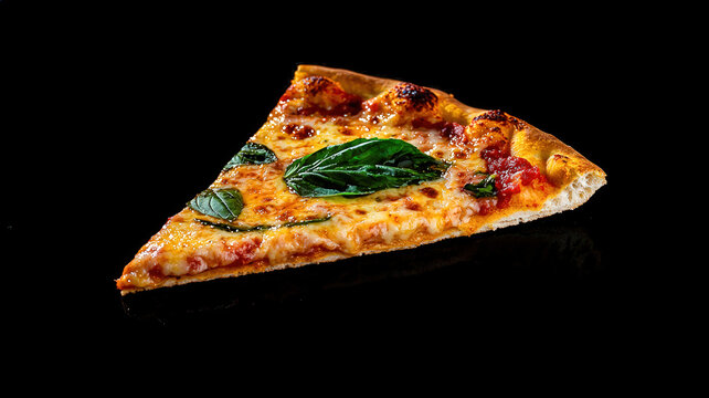 A delicious slice of pizza topped with gooey cheese, fresh basil, and a perfectly crispy crust, presented against a dark background, making it an appetizing focal point for food lovers.