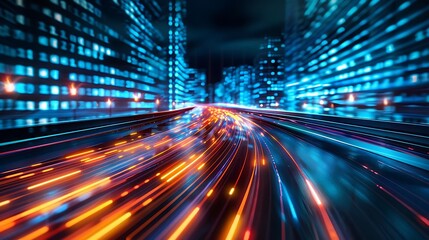 Futuristic city highway with speeding lights and digital code buildings at night.