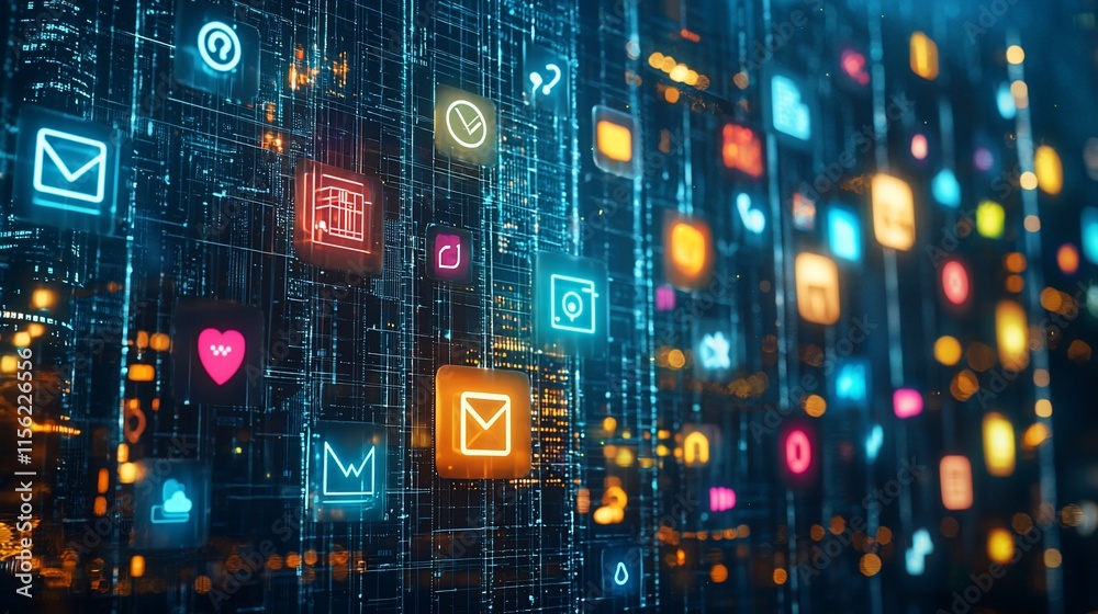 Poster glowing digital icons on a dark tech background.