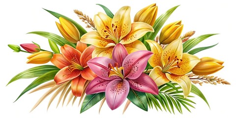 Obraz premium Watercolor Goldenrayed Lily Orchid Bouquet Wedding Invitation Floral Design