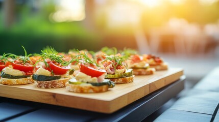 Colorful Appetizers on a Wooden Platter Outdoors