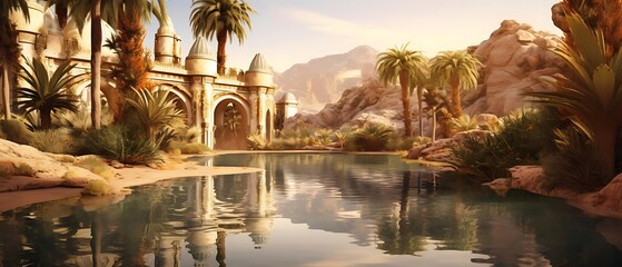 Oasis reflecting in calm water near ancient architecture in desert.