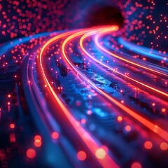 Abstract glowing red and blue lines curving through dark space, resembling a futuristic highway or network.
