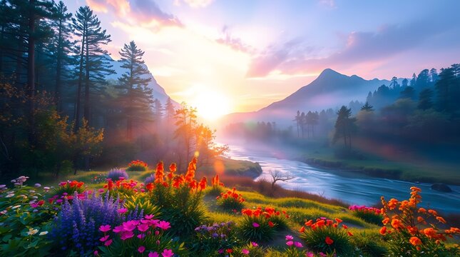 Spring Forest Mountain River in Sunrise