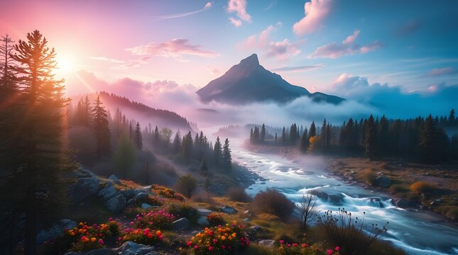Spring Forest Mountain River in Sunrise