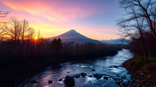 Spring Forest Mountain River in Sunrise