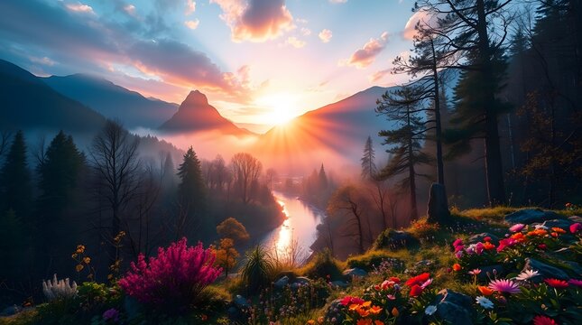 Spring Forest Mountain River in Sunrise