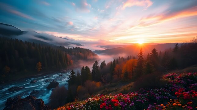 Spring Forest Mountain River in Sunrise