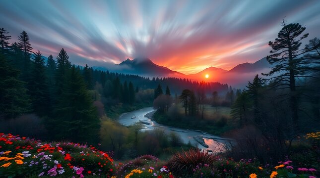 Spring Forest Mountain River in Sunrise
