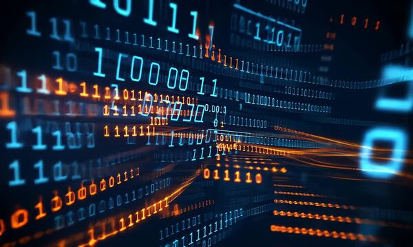 Digital binary code cascading on screen with glowing blue and red abstract background