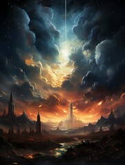 Dramatic fantasy landscape with a celestial beam piercing dark clouds above a fiery, mountainous city at sunset.