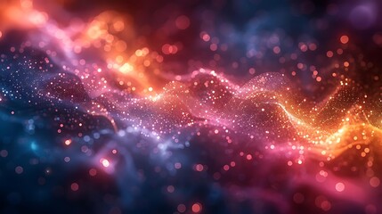 Fototapeta premium Abstract background with vibrant glowing particles forming wavy patterns in red, orange, and blue hues.