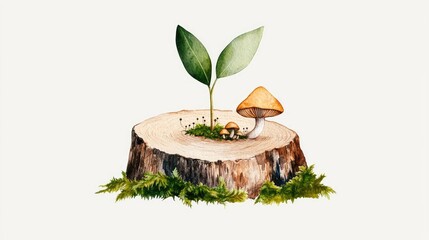 Seedling grow idea. A vibrant illustration showcasing new life emerging from a tree stump.