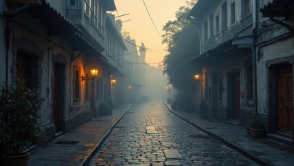 Obraz premium Mysterious Cobblestone Alley at Dawn