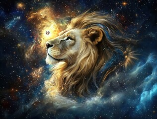 Naklejka premium Astrological Sign Leo Set Against a Starry Space Background