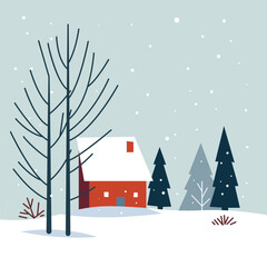 Fototapeta premium This image depicts a serene winter scene featuring a red cabin with a snow-covered roof. The cabin is surrounded by tall, leafless trees and evergreen trees, all blanketed in snow. Snowflakes are gent