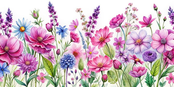 Watercolor Pink Violet Wildflowers - Floral Border, Summer Illustration, Digital Print