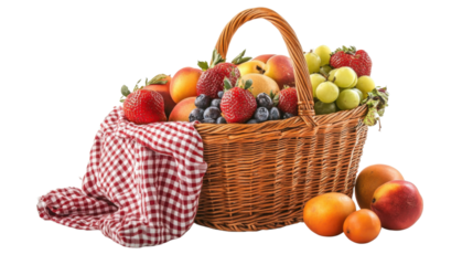 Picnic basket full of fruit, transparent background