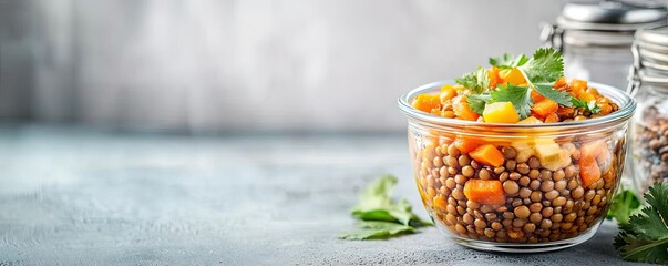 Vibrant vegetable concept. Fresh lentil salad with colorful vegetables in a glass bowl, healthy and nutritious.