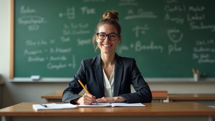 Smiling Teacher at Desk
