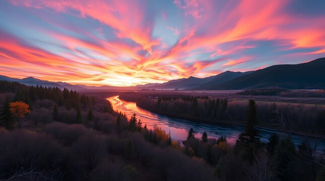 Spring Forest Mountain River in Sunrise