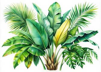 Fototapeta premium Watercolor Tropical Leaves Long Exposure - Banana Palm Sprout Botanical Clip Art